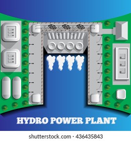 Hydroelectric power plant on a blue background. Ecology. View from above. Vector illustration.