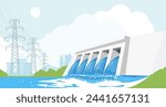 Hydroelectric power plant, river dam, hydropower energy generation reservoir, high-voltage power lines and city, power supply, vector