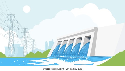 Hydroelectric power plant, river dam, hydropower energy generation reservoir, high-voltage power lines and city, power supply, vector