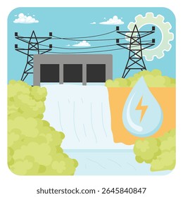Uma usina hidrelétrica com fluxo de água, infraestrutura de utilidade pública e tema de energia, simbolizando a produção de energia renovável. Energia sustentável.