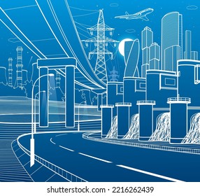 Hydroelectric power plant.Outline city illustration. Car overpass. Town Infrastructure and industry image. Urban scene. Vector design art. White lines on blue background