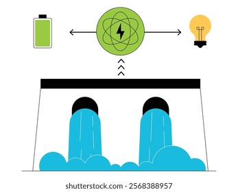 Hydroelectric power plants are used as electrical energy reserves, green energy vector illustration.