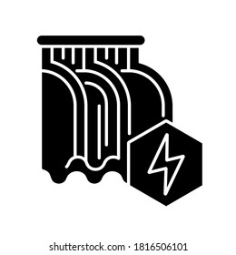Hydroelectric power station black glyph icon. Alternative energy, hydropower silhouette symbol on white space. Eco friendly electricity generation technology. Water dam vector isolated illustration
