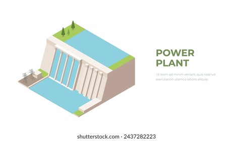 Central hidroeléctrica. Concepto de energía limpia y electricidad. Conversión de energía de agua, alternativa hidroeléctrica, turbina hidráulica. Estación de conversión de energía de agua, represa en el embalse.