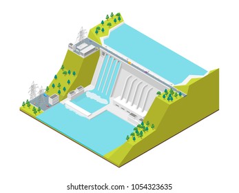 Hydroelectric Power Station Concept 3d Isometric View Symbol of Renewable Source Hydropower. Vector illustration of Hydroelectric Dam Building