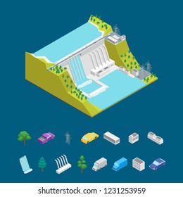 Hydroelectric Power Station Concept and Elements 3d Isometric View Symbol of Renewable Source Hydropower. Vector illustration of Hydroelectric Dam Building