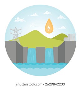 A hydroelectric power station generating energy amidst mountains and water flow, highlighting sustainable energy. Renewable Energy Concept.