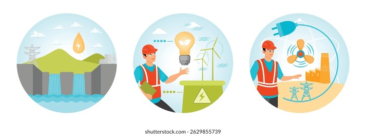 A hydroelectric power station generating energy amidst mountains and water flow. An engineer overseeing wind energy projects. Nuclear energy technology. Renewable Energy Concept.