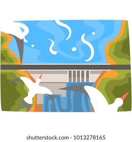 Hydroelectric power station, hydro energy industrial concept, renewable resources horizontal vector illustration