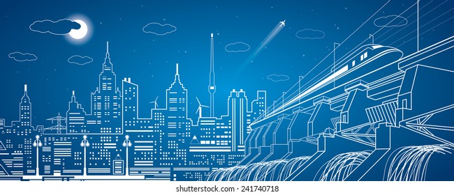 Hydroelectric power station. Hydro energy plant, train move on the bridge, night city, neon lines, dam, vector design