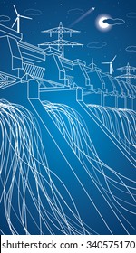 Hydroelectric power station. Hydro energy plant, vector station, neon lines