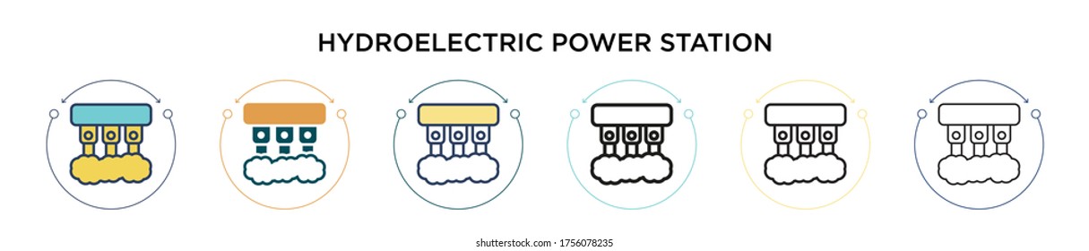Hydroelectric power station icon in filled, thin line, outline and stroke style. Vector illustration of two colored and black hydroelectric power station vector icons designs can be used for mobile, 