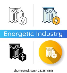 Hydroelectric power station icon. Linear black and RGB color styles. Alternative energy, hydropower. Eco friendly electricity generation technology. Water dam isolated vector illustrations
