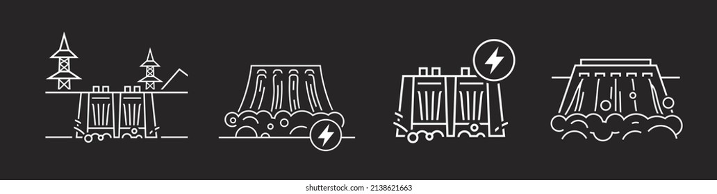 Hydroelectric power station icon. Water-power plant sign. Renewable energy source. Ecology concept. Editable vector illustration in modern outline style isolated on a dark background.