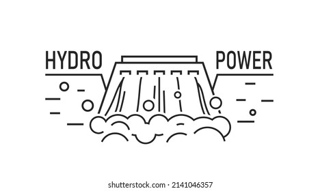 Hydroelectric power station icon. Water-power plant sign. Renewable energy source. Ecology concept. Editable vector illustration in modern outline style isolated on a white background.