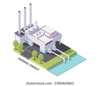 Central hidroeléctrica. Construcción de energía industrial en diseño isométrico 3d. Planta de energía y estación alternativa de generación de electricidad verde. Potencia del reactor. Ilustración del vector