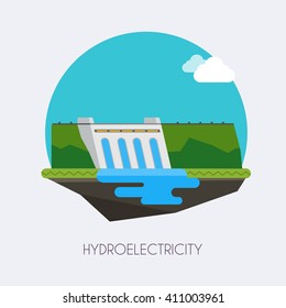 Hydroelectric power station.  Landscape and industrial factory buildings concept. Vector flat infographic.
