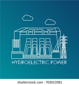 Hydroelectric power station. Linear illustration in a flat style. City infographics set. All types of power stations. System with transmission tower and generator and Dam. Front view. One line design