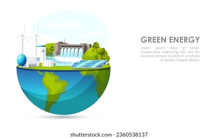 Hydroelectric power station on half of globe. Water dam. Energy plant. Electricity generation, river flow. Renewable resource. Industrial technology. Environmental, green source. Vector illustration