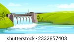 Hydroelectric power station, river, water, renewable energy, resource, electric industrial technology, factory, natural, environment, landscape. Vector illustration