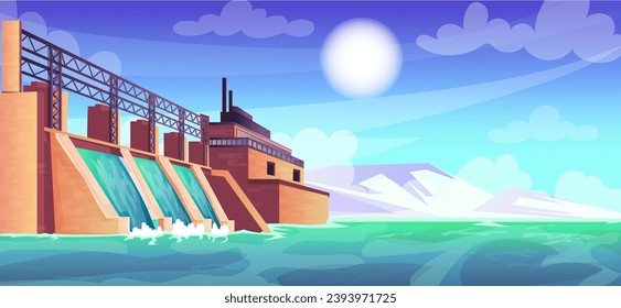 Hydroelectric power station with scenic landscape and seascape, concrete water dam, hydro energy generator, river stream, industrial technology, alternative source. Vector illustration