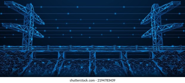 Hydroelectric power station with towers of a high-voltage power line. Polygonal design. Blue background.