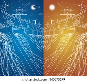 Hydroelectric power station. Vector hydro energy plant, vector station, neon lines, day and night