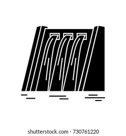 Hydroelectric station silhouette icon in flat style. Water flow energy symbol isolated on white background.