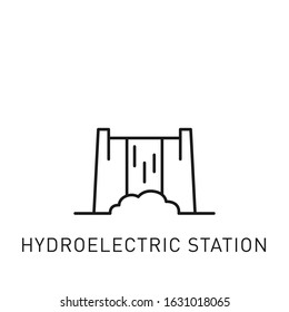 Hydroelectric station thin line icon. Design element for renewable energy, green technology. Vector stock illustration.