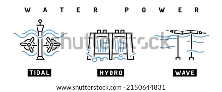 Hydroelectric, tidal, wave power station icon. Water-power plant sign. Renewable energy source. Ecology concept. Editable vector illustration in modern outline style isolated on a white background.