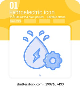 Hydroelektrisches Vektorsymbol-Konzept mit blauem Farbstil einzeln auf weißem Hintergrund. Vektorgrafik-Symbol für hydroelektrische Zeichen für Technologie, Web, i, ui, ux, Website, Ökologie und mobile Apps