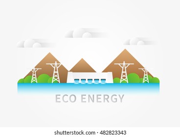 Hydroelectricity dam landscape vector illustration. Hydro powerhouse, water electricity supply creative concept. Eco energy design with renewable power (electricity) sources (hydro electric station).