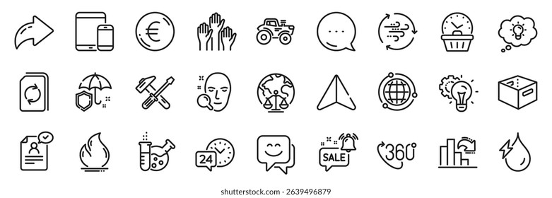 Hydroelectricity, Face search and Smile face line icons pack. Share, Message, Paper plane icons. Last minute, Voting hands, Tractor web icon. Office box, Hammer tool, Globe pictogram. Vector
