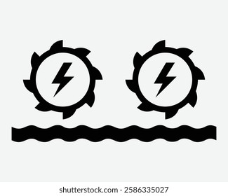 Hydroelectricity Hydro Water Turbine Clean Energy Electricity Power Generator Rotate Renewable Resources Green Carbon Neutral Climate Change Black White Icon Sign Symbol Graphic Illustration Vector