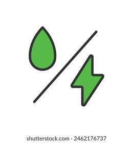 Hydroelectricity, in line design, green. Hydroelectricity, Water, Energy, Power, Dam, Turbine, Renewable on white background vector. Hydroelectricity editable stroke icon.