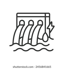 Hydroelectricity, in line design. Hydroelectricity, hydroelectric, power, water, energy on white background vector. Hydroelectricity editable stroke icon.