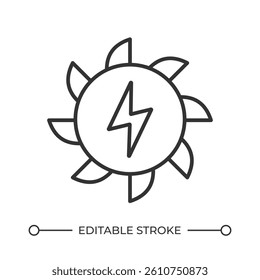 Hydroelectricity line icon. Water turbine with lightning. Generating clean power with renewable sources. Isolated vector illustration. Outline symbol. Simple linear drawing. Editable stroke