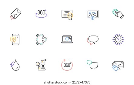 Hydroelectricity, Medical phone and Question mark line icons for website, printing. Collection of Computer mouse, Seo laptop, E-mail icons. Talk bubble, Start presentation. Vector