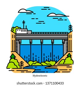 Hydroelectricity power plant. Electricity produced from hydropower. Powerhouse or generating station. Industrial building icon. Ecological sources.