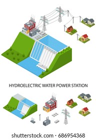 Hydroelectricity Power Station and Element Set Isometric View Alternative Energy Concept. Dam on The River with Houses and Building Transmission Structure. Vector illustration