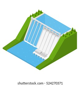 Hydroelectricity Power Station Isometric View Alternative Energy Concept. Dam on The River Vector illustration