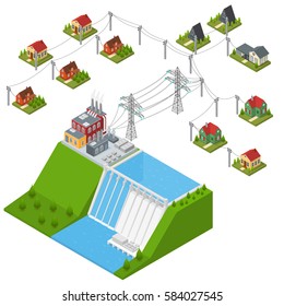 Hydroelectricity Power Station Isometric View Alternative Energy Concept. Dam on The River with Houses and Building Transmission Structure. Vector illustration