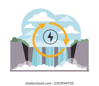 Hydroelectricity. Renewable power. Sustainable electricity consumption. Energy generation source. Water power. Flat vector illustration