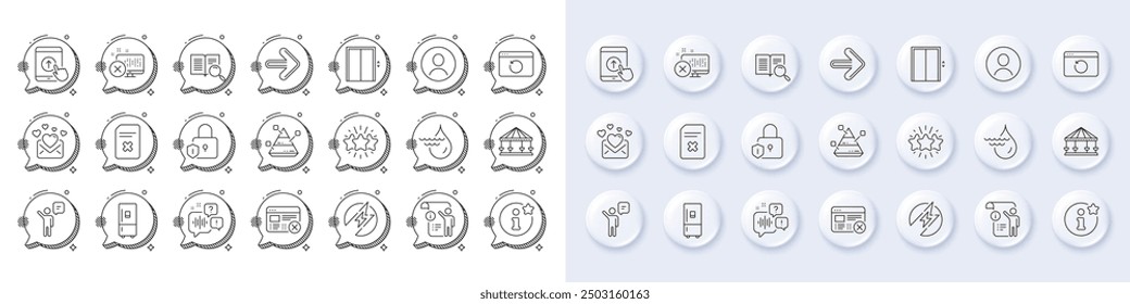 Hidroelectricidad, deslizar hacia arriba y levantar iconos de línea. Botones 3d de pin blanco, iconos de burbujas de chat. Paquete de energía eléctrica, siguiente, ícono de rechazo de Web. Rechazar acceso, estrella, pictograma de bloqueo. Vector