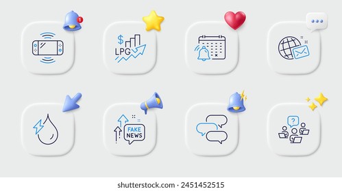 Hydroelectricity, World mail and Rise price line icons. Buttons with 3d bell, chat speech, cursor. Pack of Game console, Notification calendar, Fake news icon. Vector