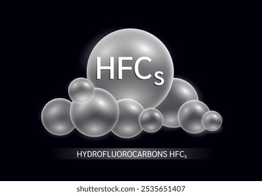 Fluorkohlenwasserstoffe, FKWs, wolkengrau auf schwarzem Hintergrund. Luftverschmutzung Emissionen mit der verarbeitenden Industrie, Kühlsystem Ursachen von Treibhausgasen. Wissenschaftliche Ökologie und Biochemie. Vektor.