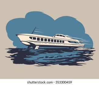 Hydrofoil ship with passengers traveling on the river retro vector illustration