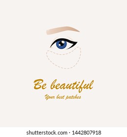 Hydrogel eye mask. Female face with patches under the eyes. Vector illustration in cartoon style. Asian skin care. Beige illustration EPS 10