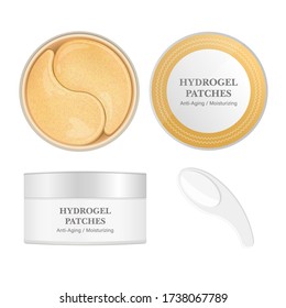 Hydrogel eye patches. Under eye skin care product. Gold glossy beauty pads in a white plastic container, top and side view. Transparent patch applicator. Vector isolated template for ad and branding.