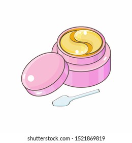 Hydrogel golden cosmetic eye patch in a pink jar. Cosmetic product for skin. Patches under the eyes. Сollagen mask. Korean cosmetics. Facial skin care. Beauty product for eye care in vector.